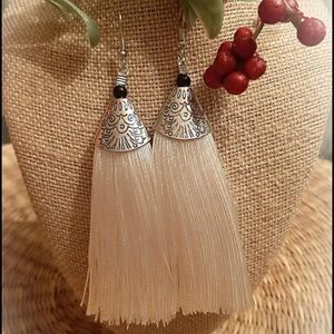 Silver coloured Earrings with white Tassels